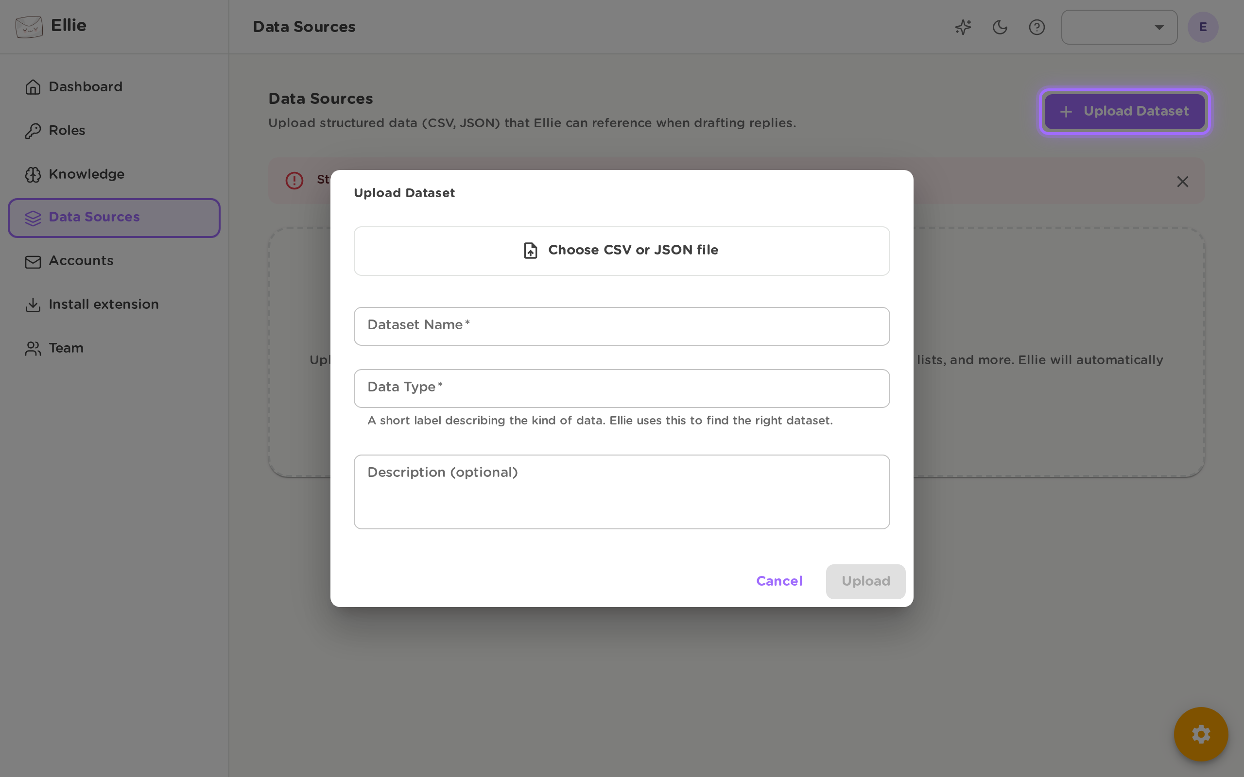 The Upload Dataset dialog with the file chooser, Dataset Name, Data Type, Description (optional), and Upload button.